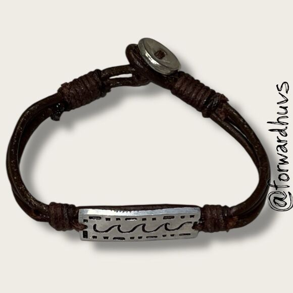 Bundle Sale 3 for $15 | Brown Leather Bracelet with Silver-tone Wave Plaque - Picture 1 of 7